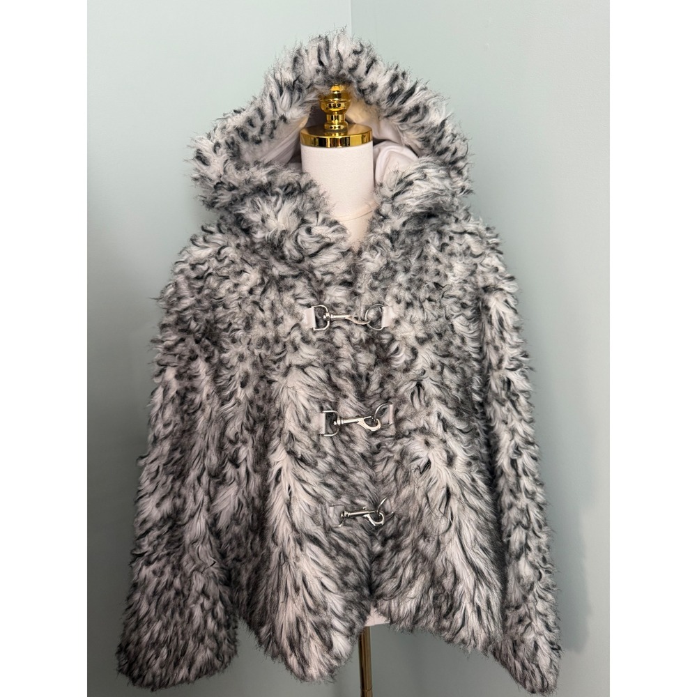 The Ragged Priest Shaggy Faux Fur Hooded Jacket Black White Clasp Medium